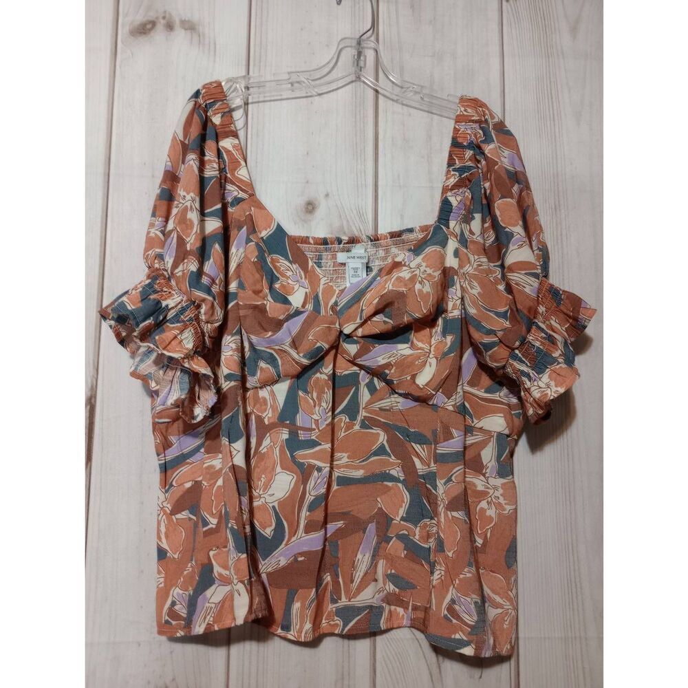 Nine West Womens 3X Floral Puff Sleeve Blouseโ Square Neck Smocked Terracotta